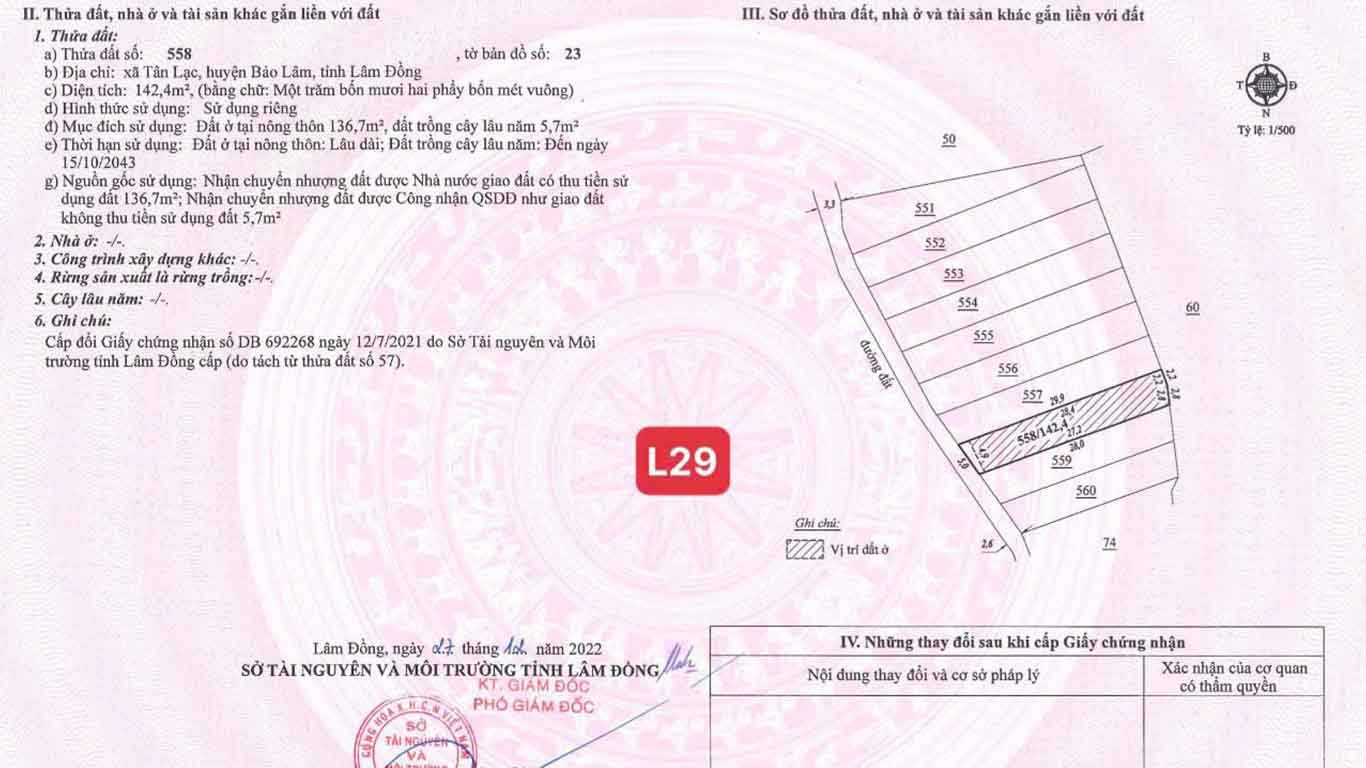 Sổ Hồng Tân Lạc L29