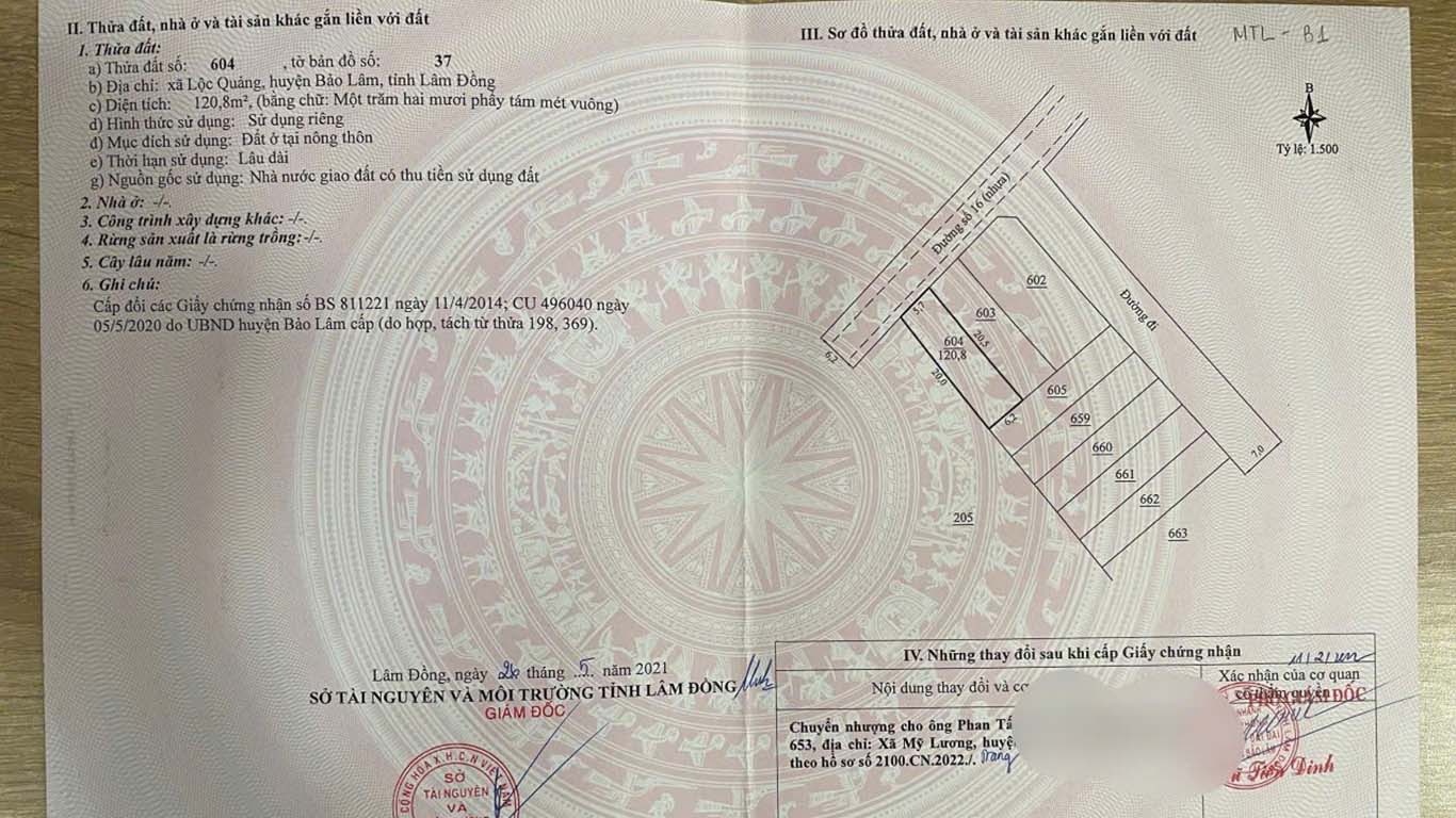 Sổ Hồng Thửa 604 đất Lộc Quảng